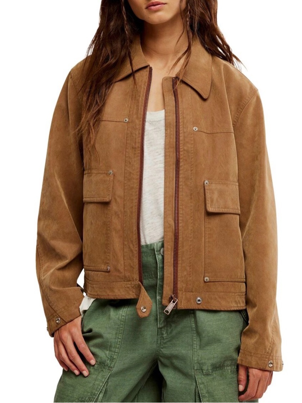Free People Suede Utility Jacket in Camel - Women